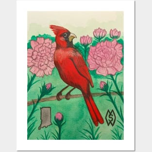 Indiana state bird and flower, the cardinal and peony Posters and Art